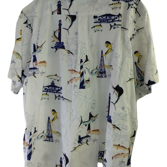 Guy Harvey AFTCO Bluewater Button Camp Shirt Fish Compass Lighthouse Classic XL - Picture 2 of 3